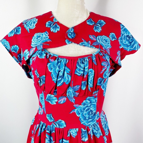 Pinup Couture Evelyn Cocktail Dress Large Red Blue Rose Floral Jacket Shrug 2pc - Picture 4 of 11